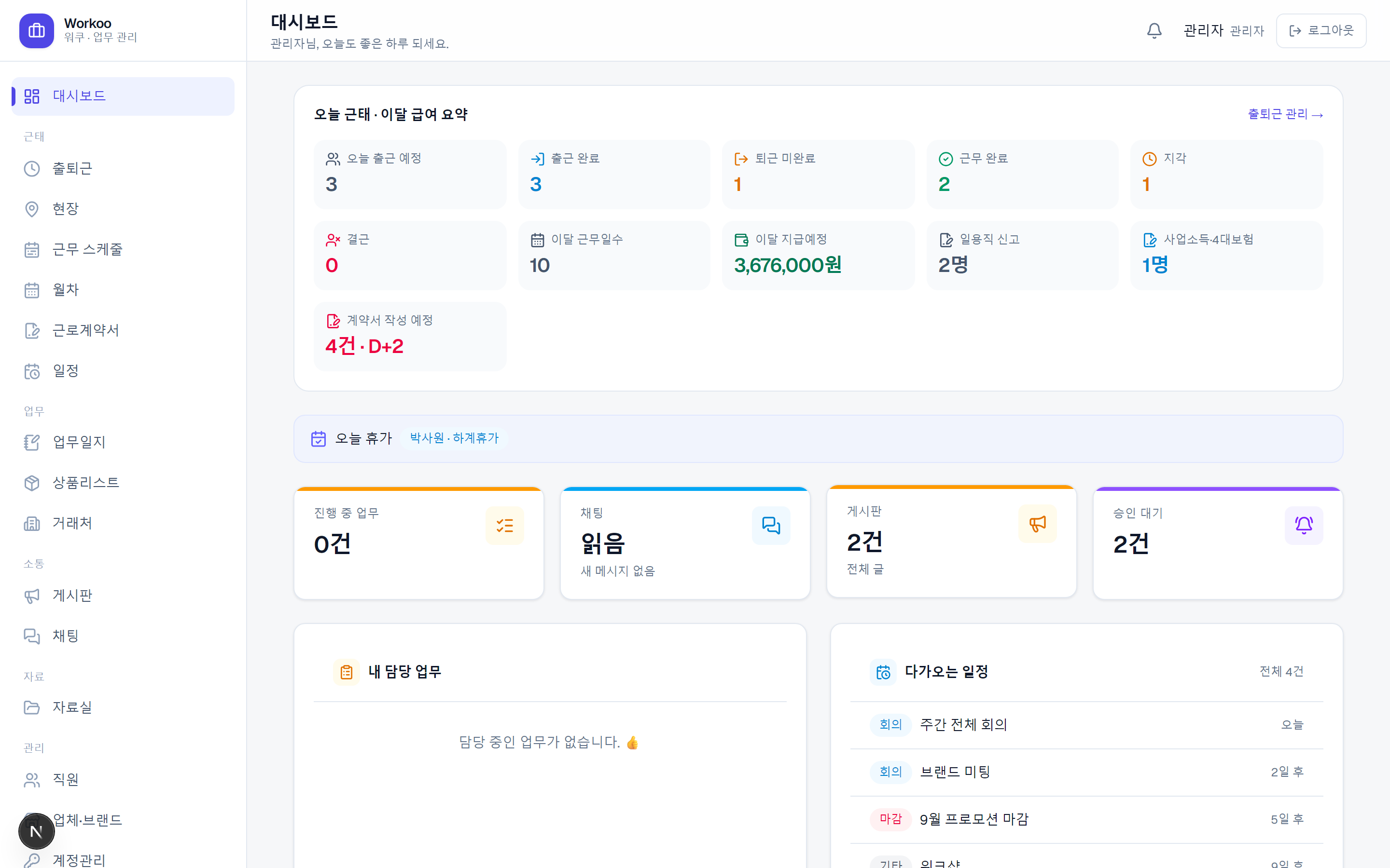 Workoo 워크포스 실제 관리자 대시보드 — 오늘 근태·이달 급여 요약, 공지·채팅·업무·일정